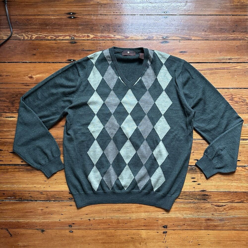 Toscano ITALY MADE Argyle V neck sweater long sleeve 100% Merino wool Men's XL